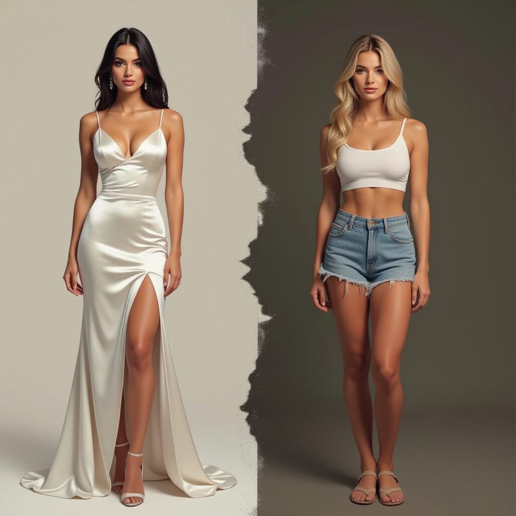 Elegant vs Casual Woman Split Image in Digital Art Style