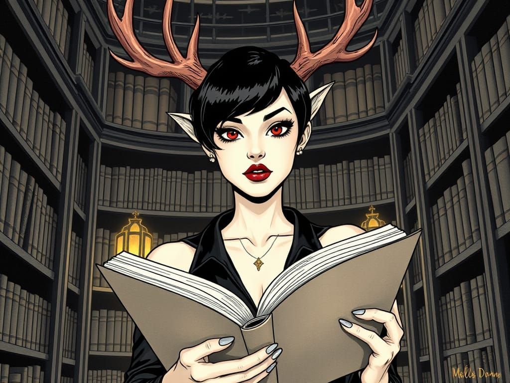 Pin-Up Woman with Antlers Reading in Library