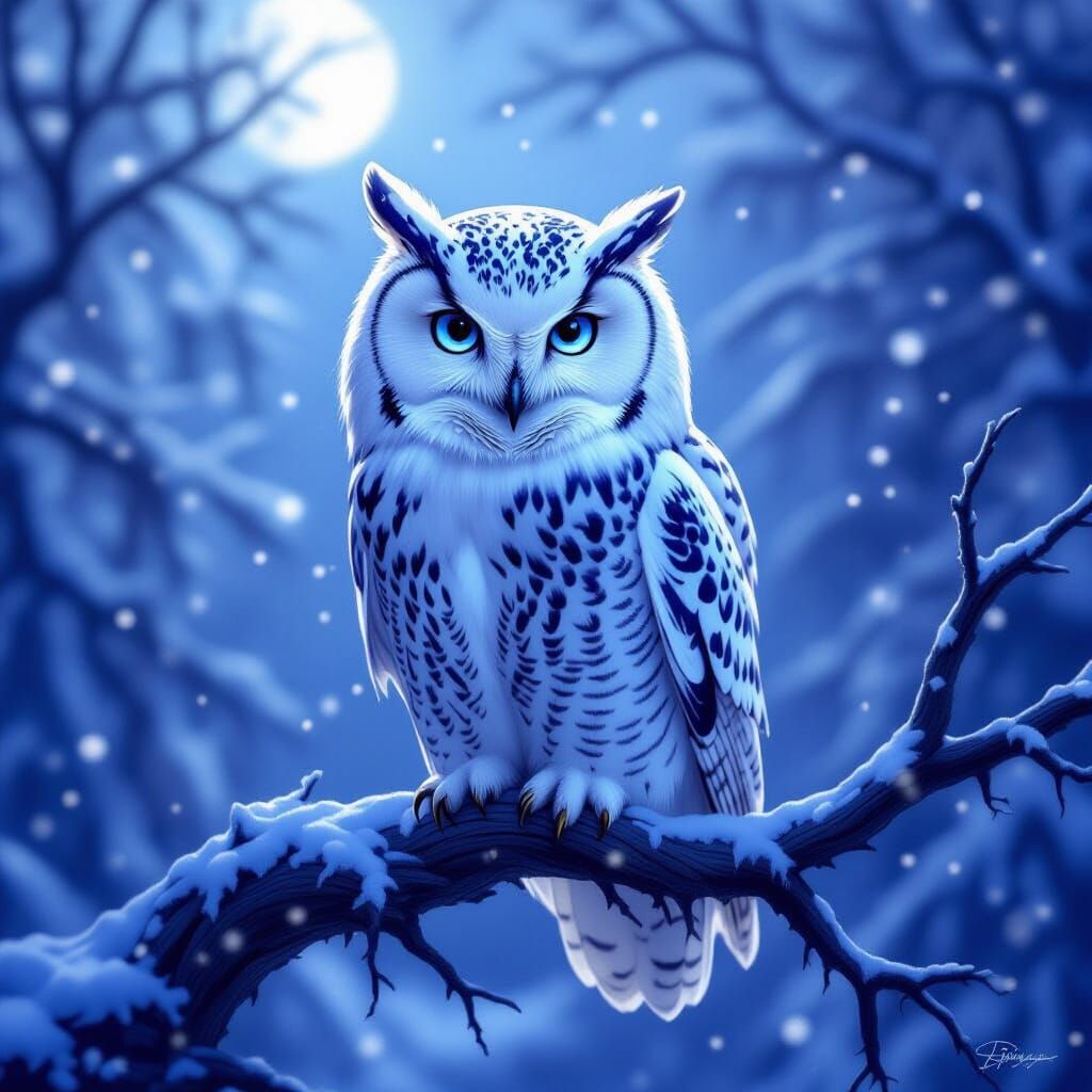 Majestic Snow Owl with Sapphire Eyes in Moonlit Forest