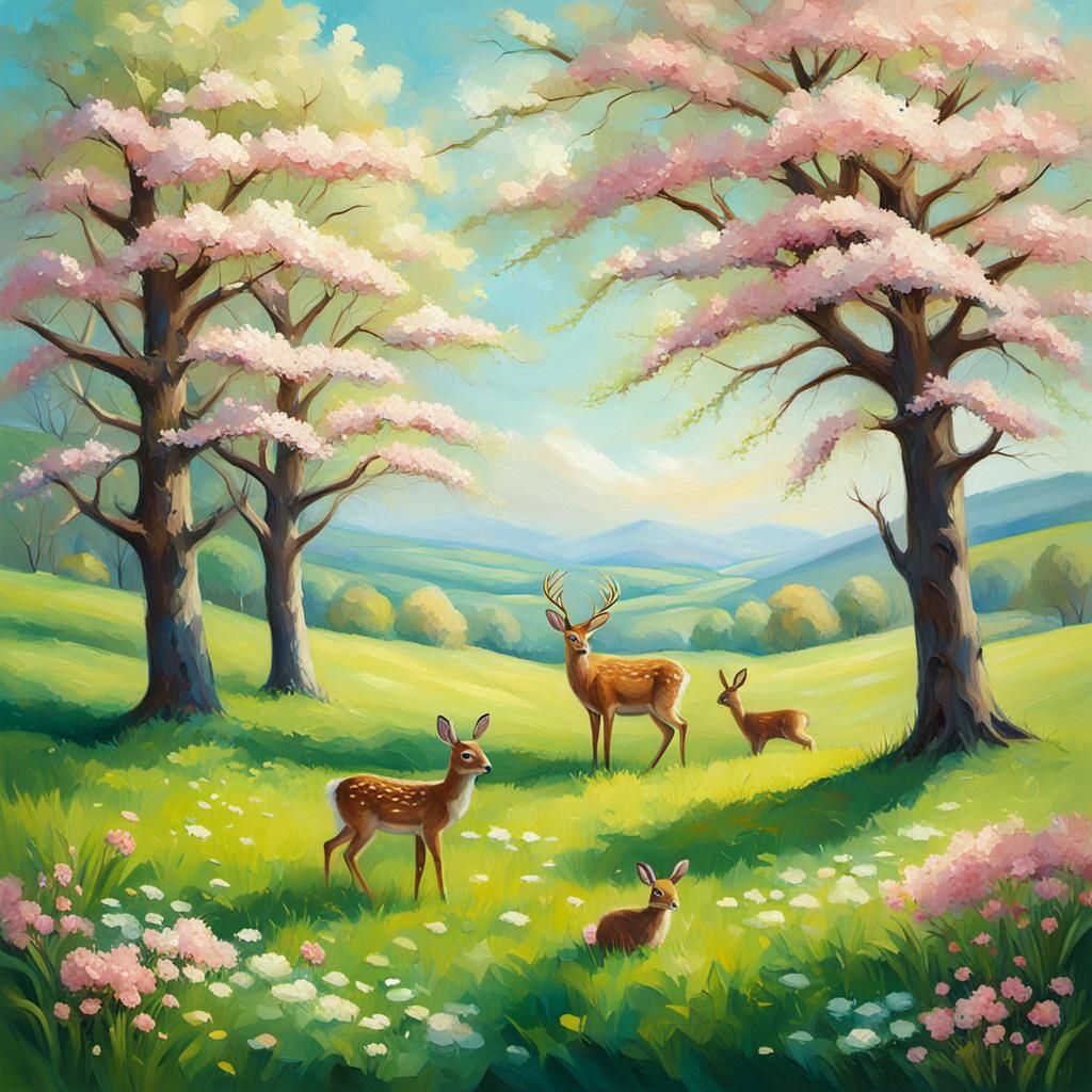 Spring Landscape Oil Painting with Animals
