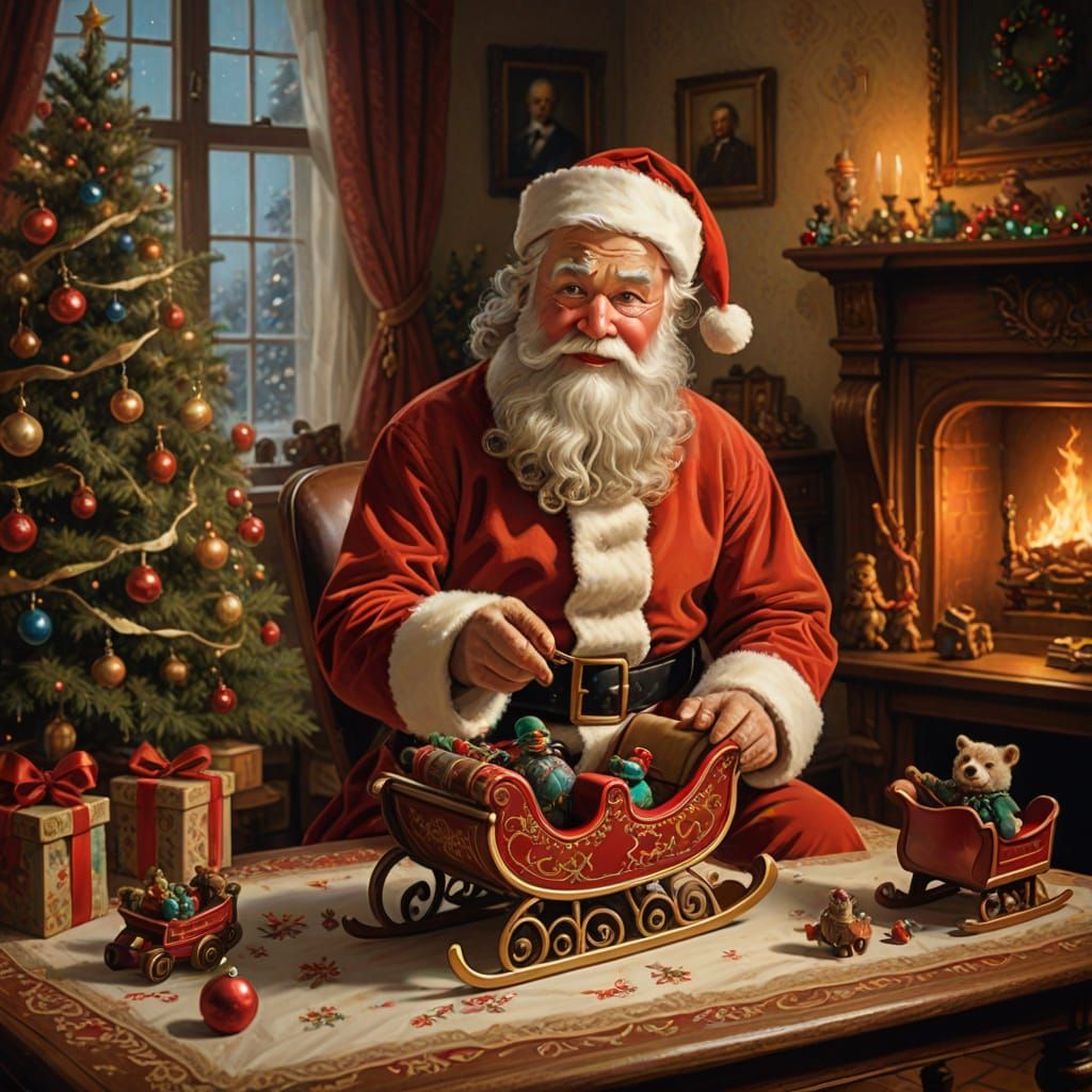 Santa Claus Plays with Toy Sleigh in Victorian Room