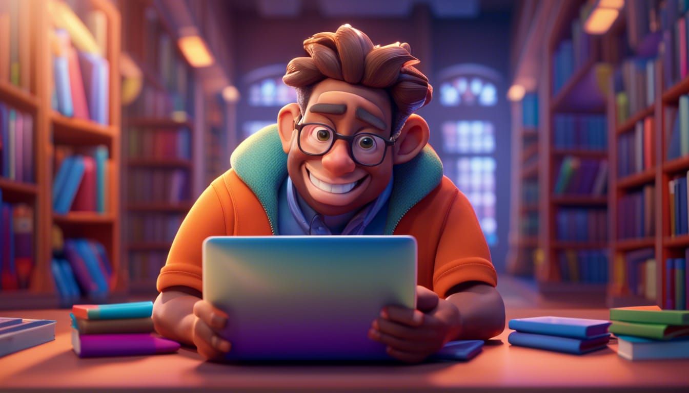 Joyful Man Working on Laptop: Pixar Style