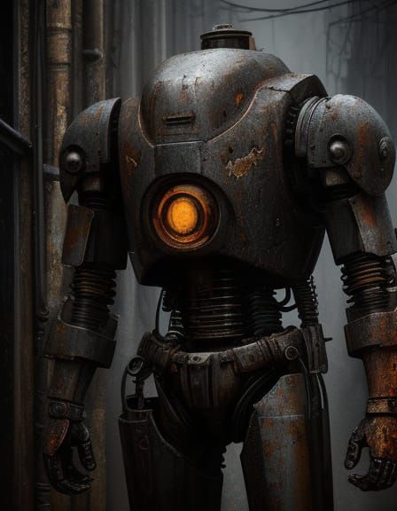Rusty Robot in Dark Alley: Grunge Oil Painting