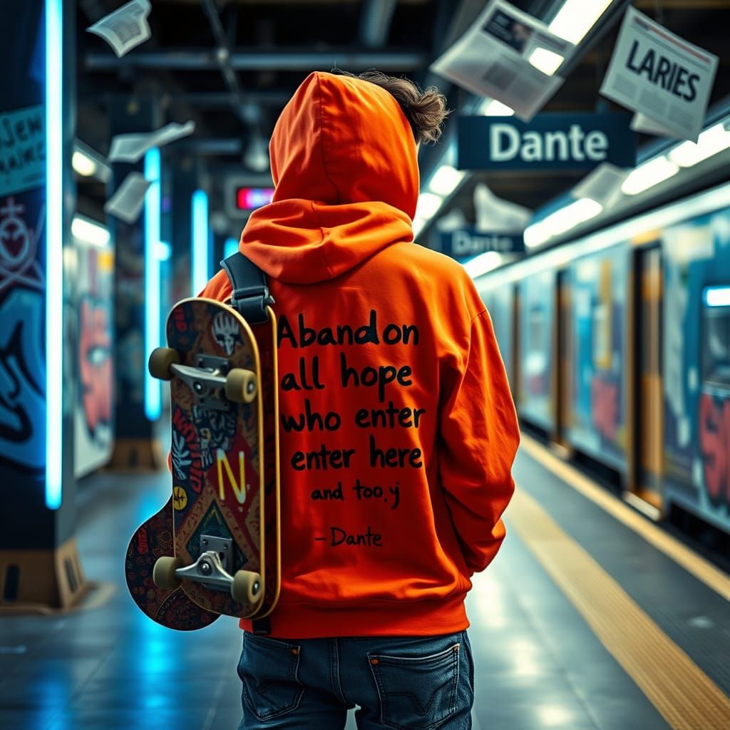Teen Skater on Subway Platform in Photorealistic Style