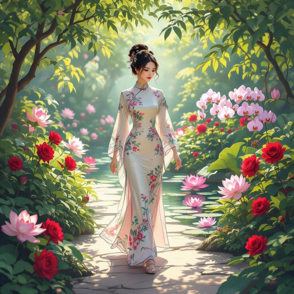 Elegant Chinese Woman in Lush Garden Digital Painting