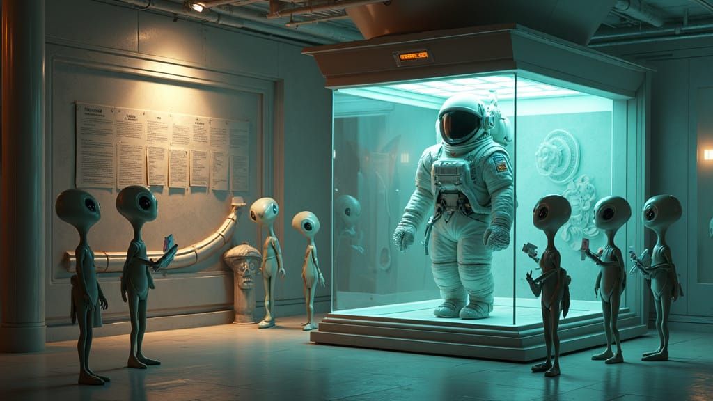 Human Astronaut in Futuristic Alien Museum