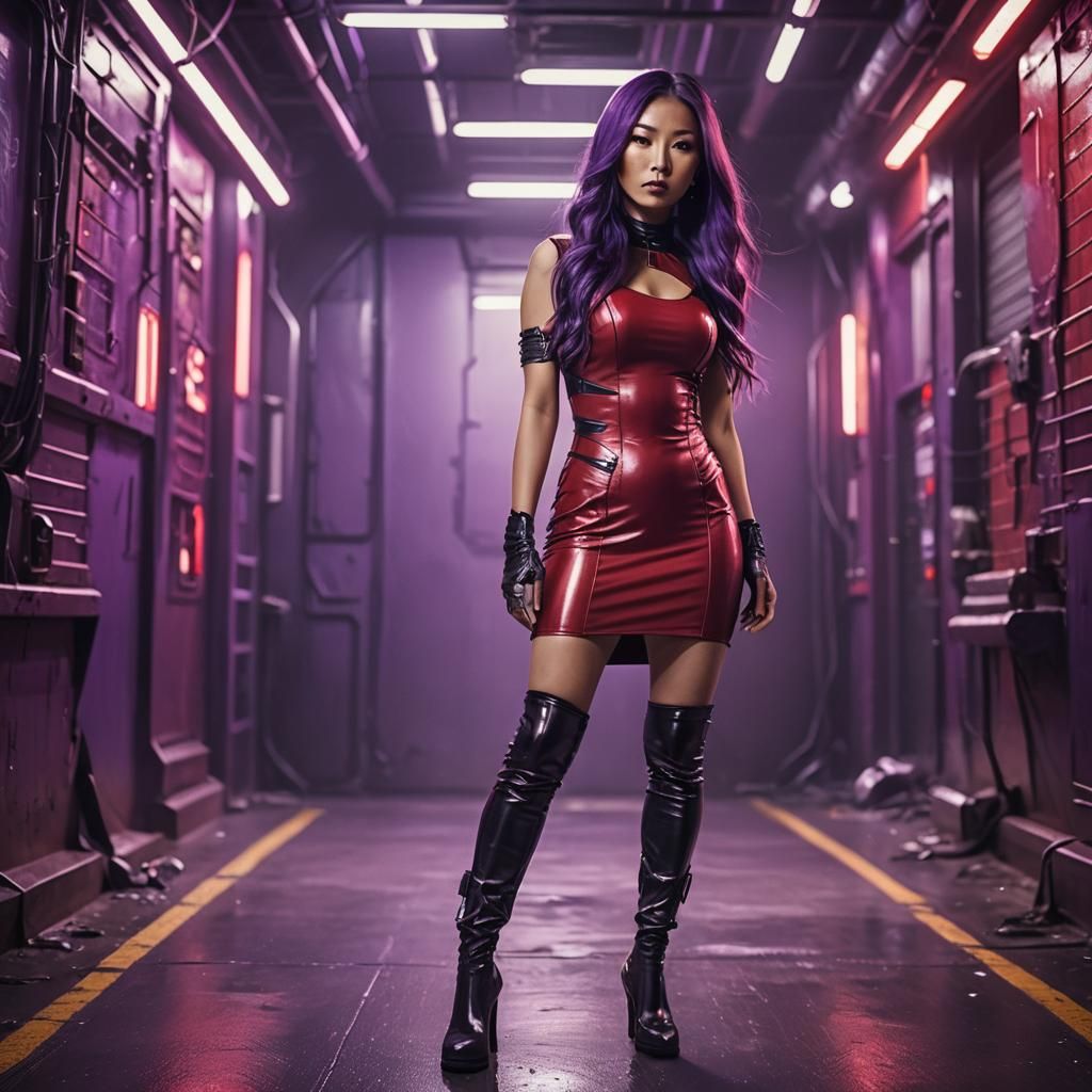 Beautiful Cyberpunk Asian Lady in Red Latex Dress