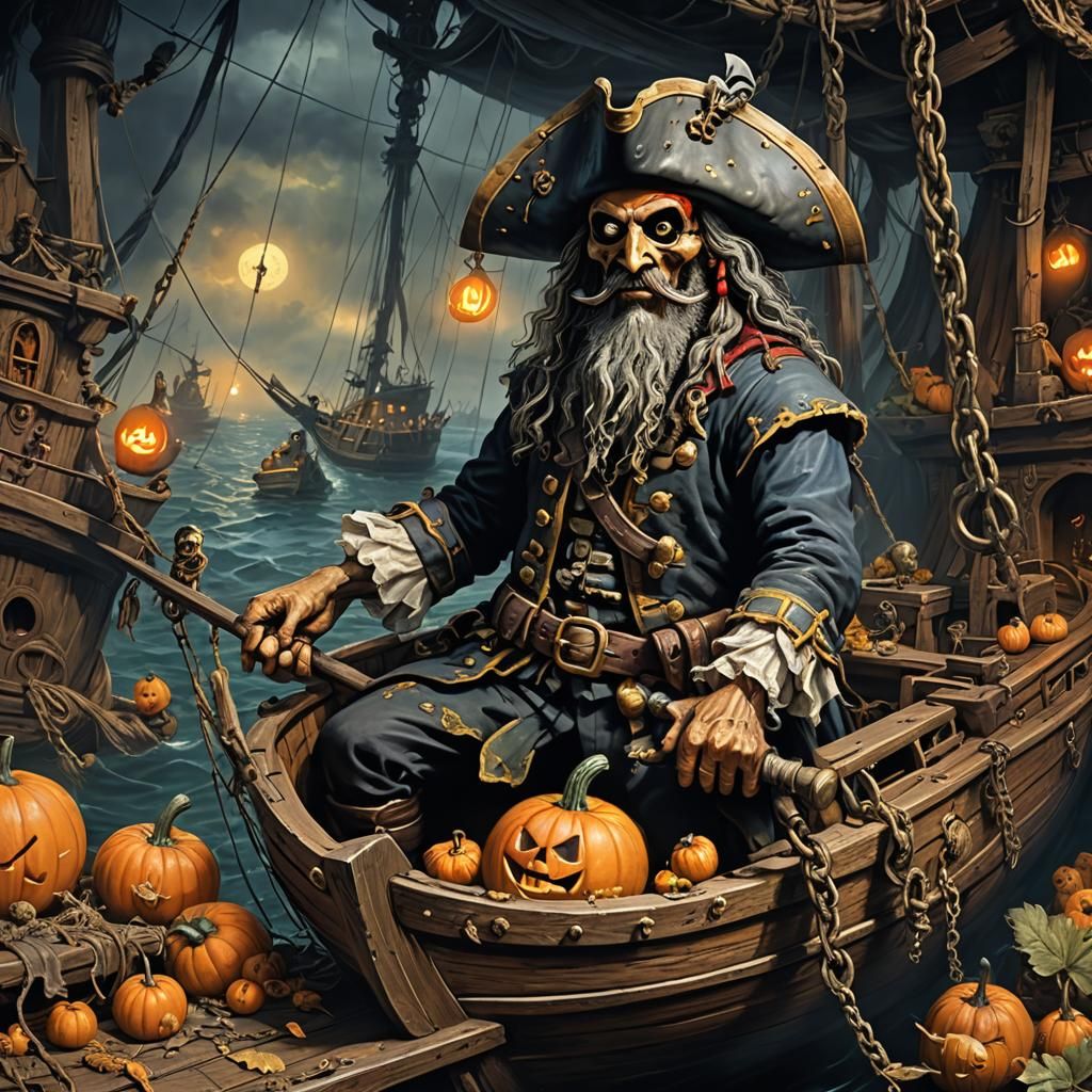 Pirate Ship Trapped Inside Pumpkin, Oil Painting Style