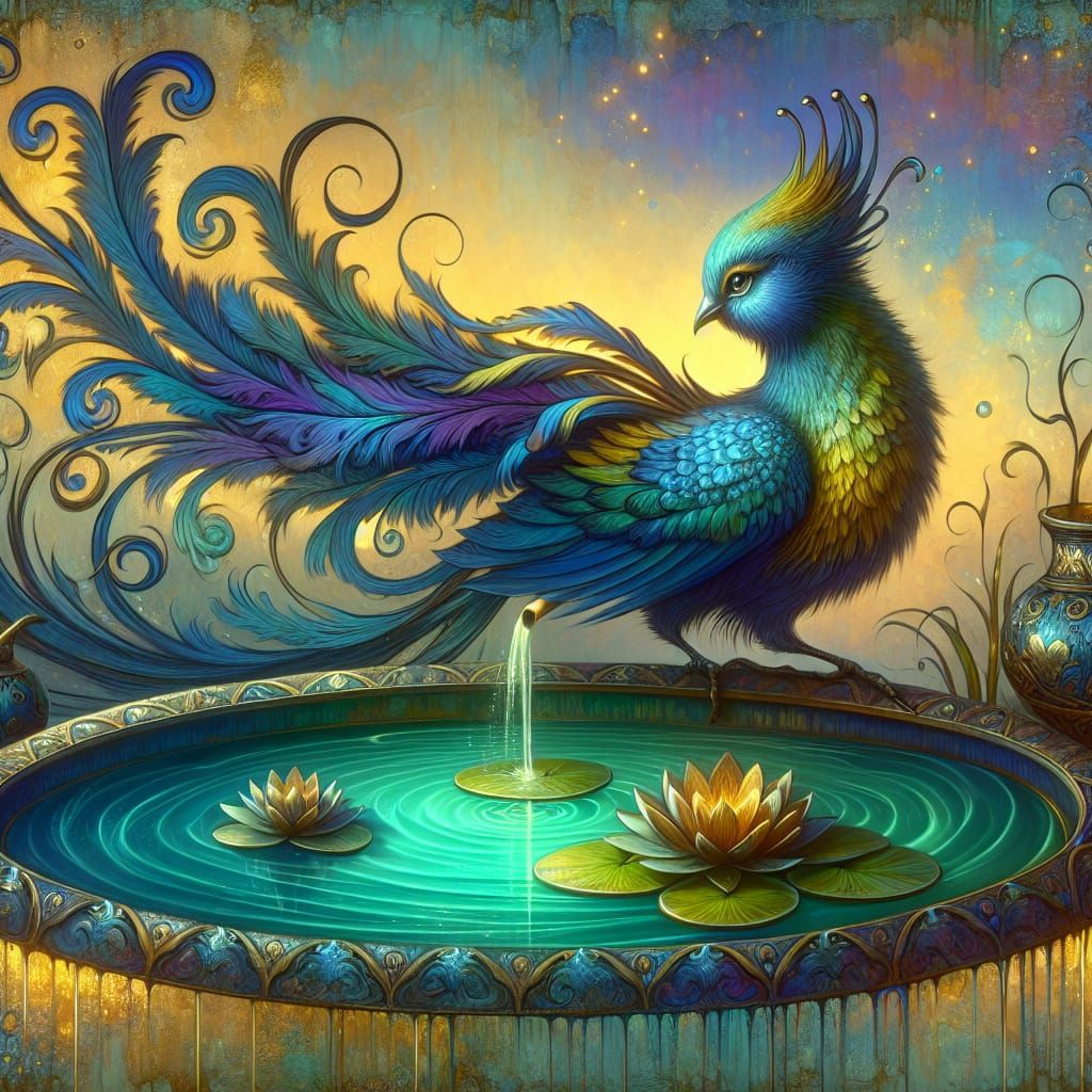 Mythical Bird in Twilight, Watercolor Aesthetic