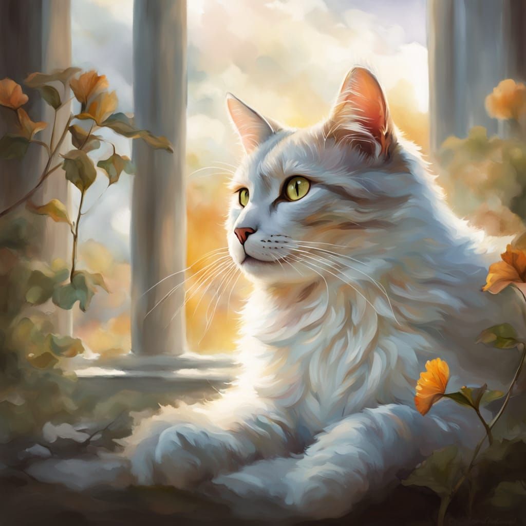 Whimsical Watercolor Cat in Heavenly Clouds