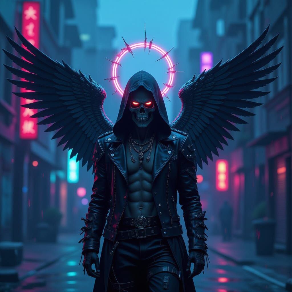 Gothic Cyberpunk Fallen Angel in Neon Cityscape