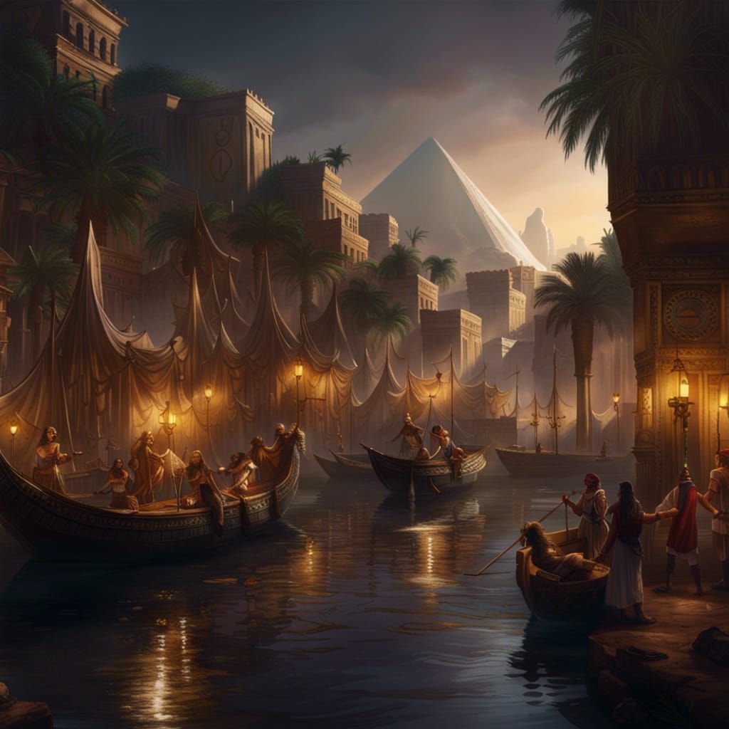 Egyptian City on the Nile in Dark Fantasy Style