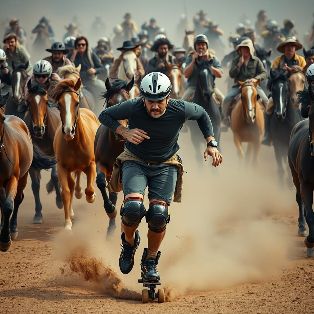 Rollerblader in Horse Stampede Photorealistic Image