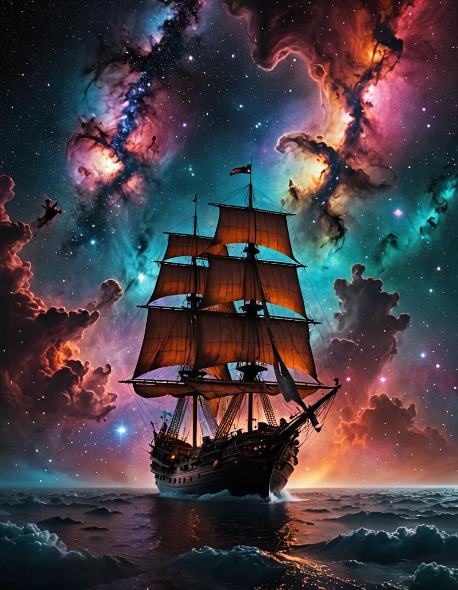 Medieval Ship Sails Through Colorful Nebula