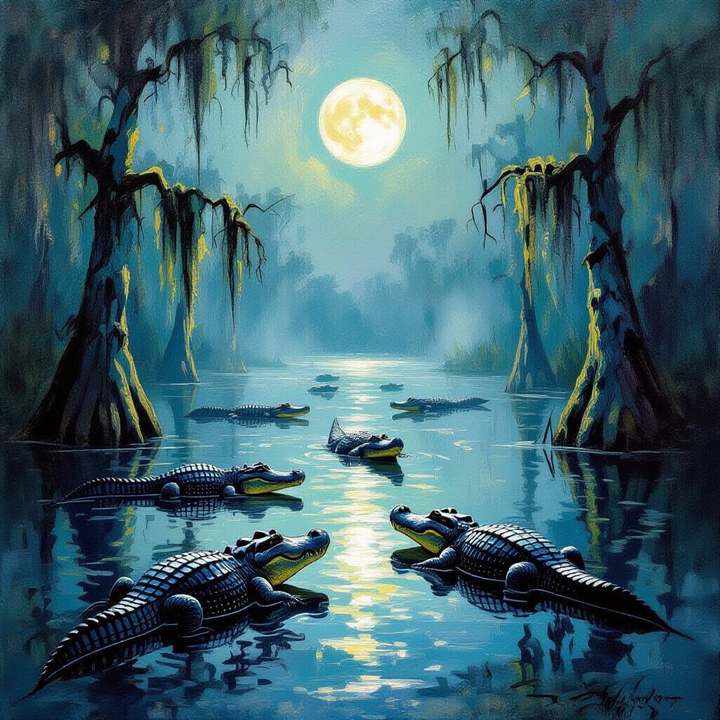 Alligators in Dreamlike Swamp, Impressionist Oil Painting