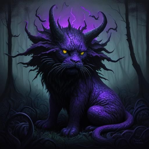 Surreal Purple Monster in Dark Forest, Acrylic Painting