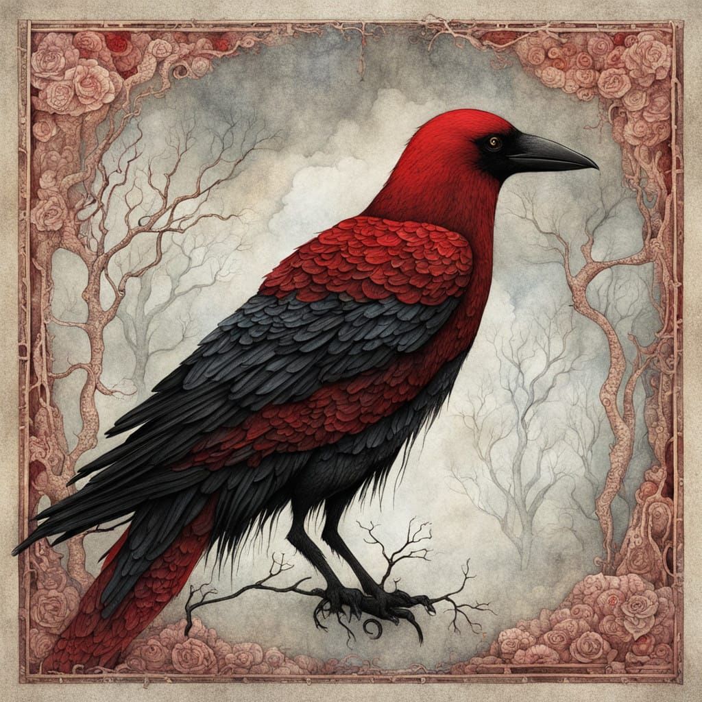 Goth Girl and Her Red Crow in Dark Fantasy Style