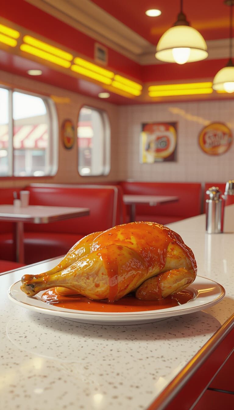 Roasted Chicken Leg in Retro-Futuristic Diner Style