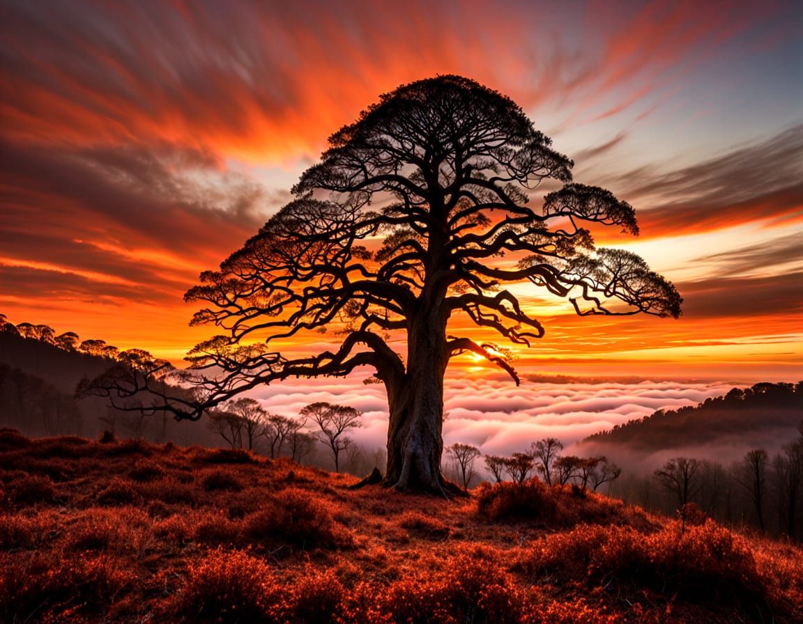 Ancient Evergreen Tree in Misty Sunrise Forest Landscape