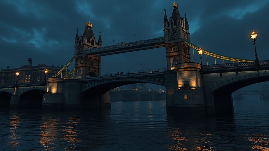 Medieval London Bridge at Night, Gothic Arches and Torches