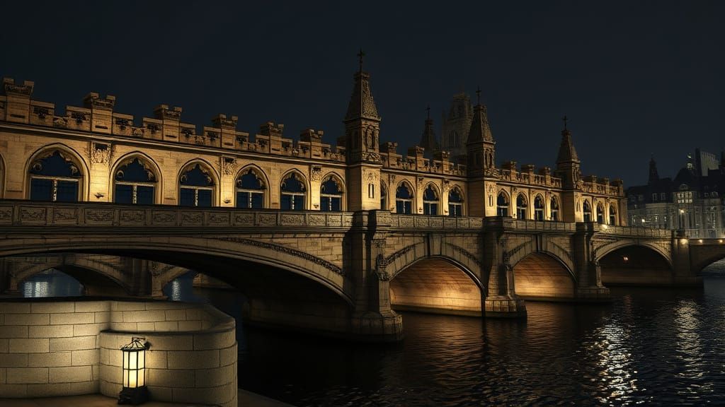 Medieval London Bridge at Night, Photorealistic 3D Render