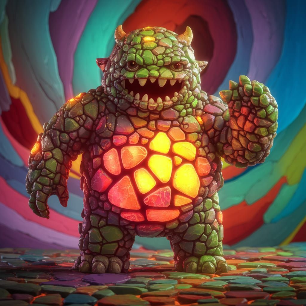 Whimsical Rock Monster Triumphs in Vibrant Colors