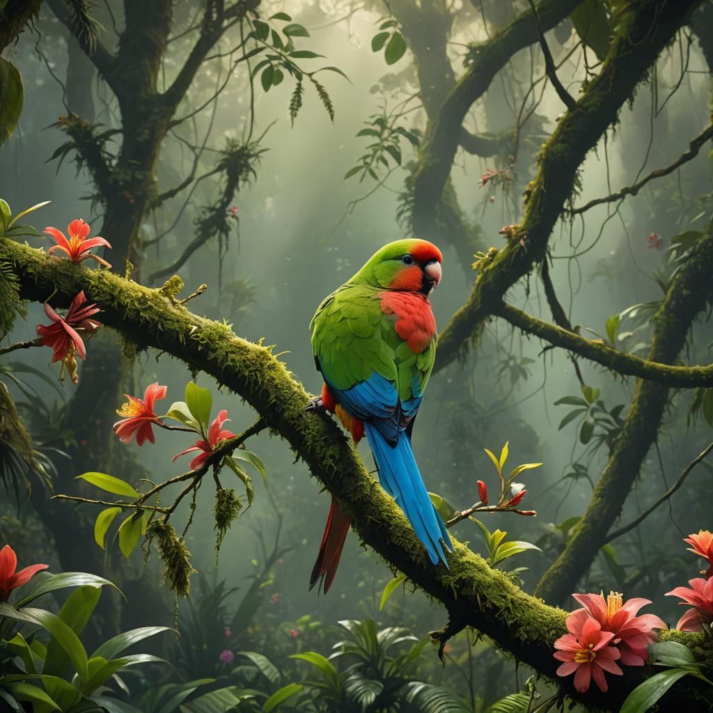 Red-Breasted Parakeet in Misty Rainforest, Fantasy Art