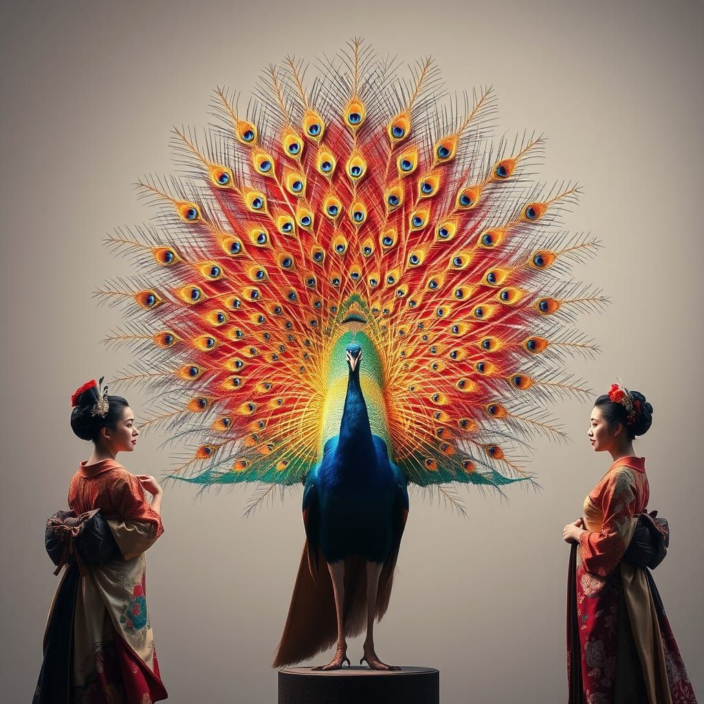 Majestic Peacock Commands Respect in Whimsical Geisha Gather...