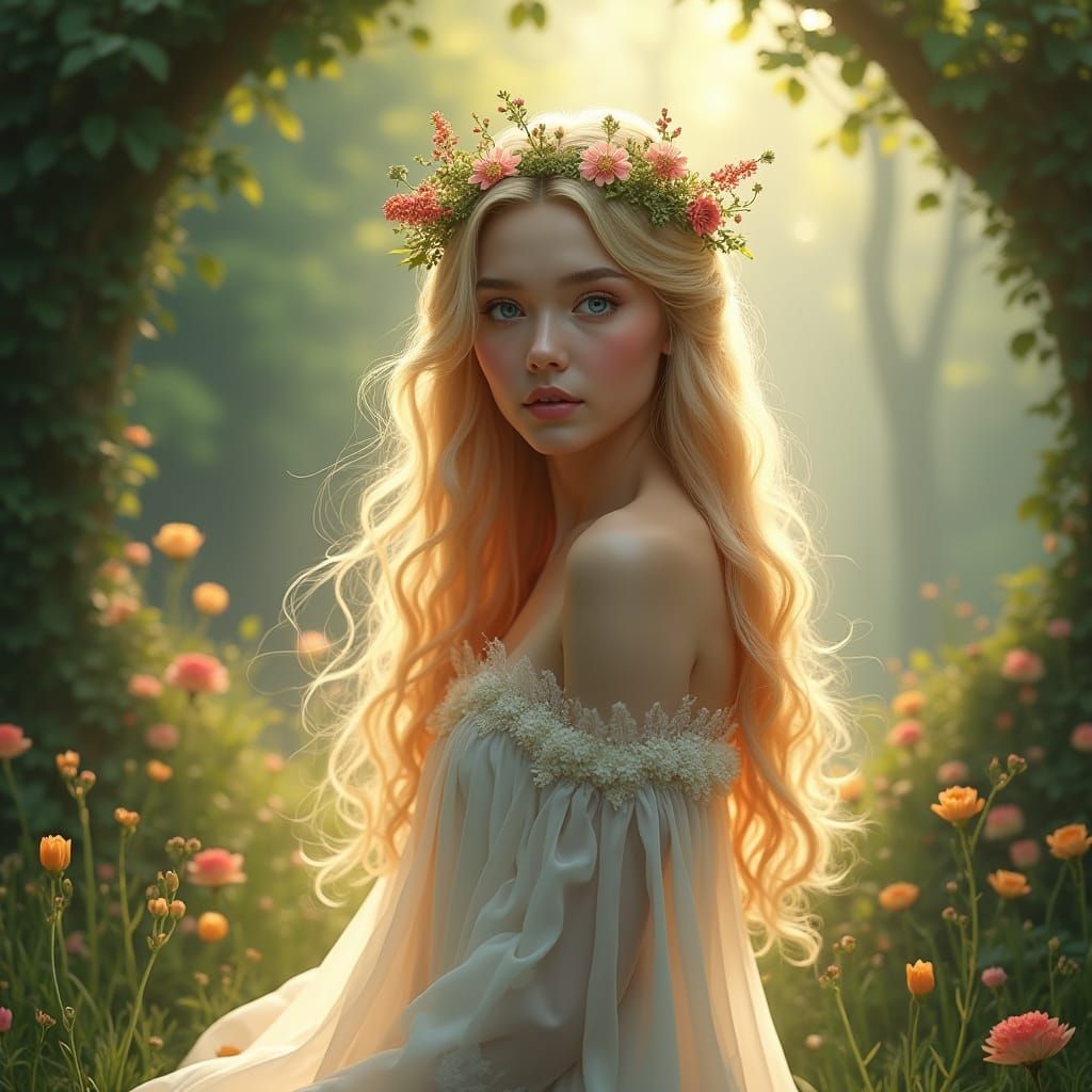 Eurasian Woman in Sunlit Grove, WLOP Style