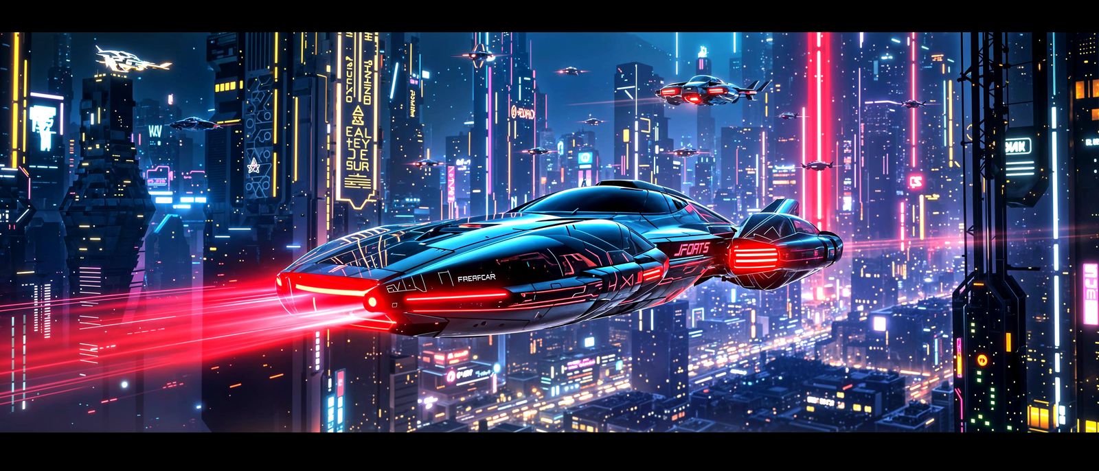 Surreal Futuristic Cityscape with Neon Flying Cars in Cyberp...