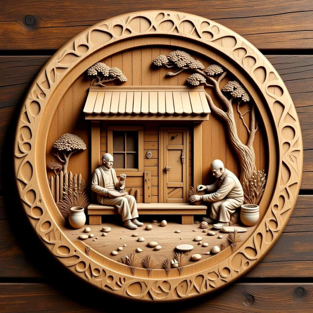 Detailed Wooden Cabin Scene with Carved Trainset