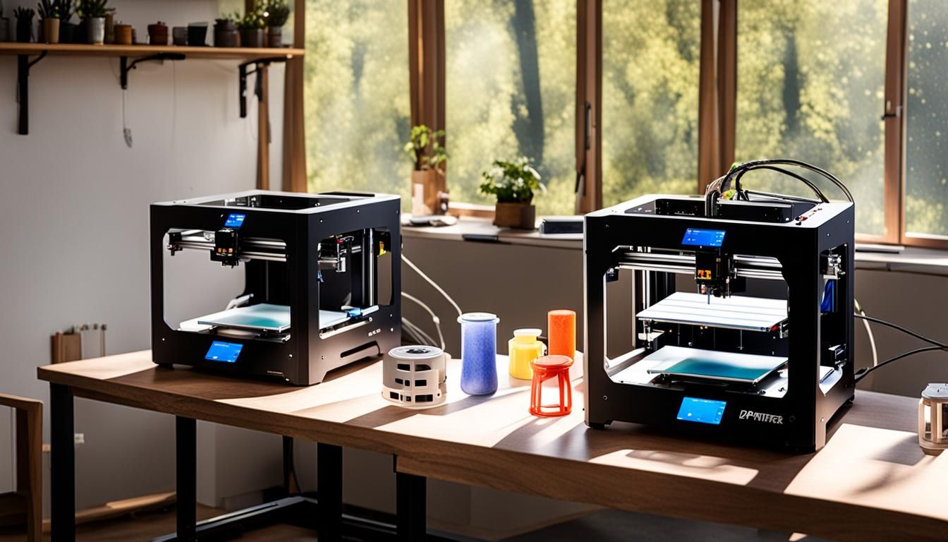 3D Printers on Wooden Table in Sunlight