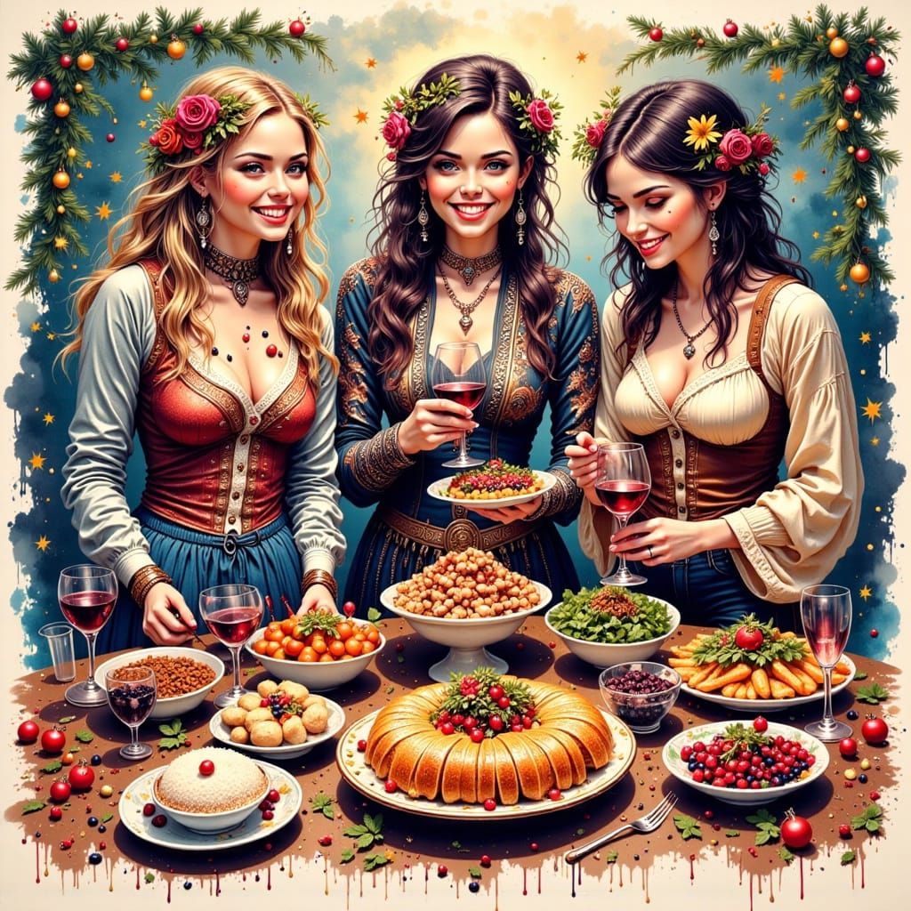 Steampunk Women Enjoying Holiday Dinner Party Buffet