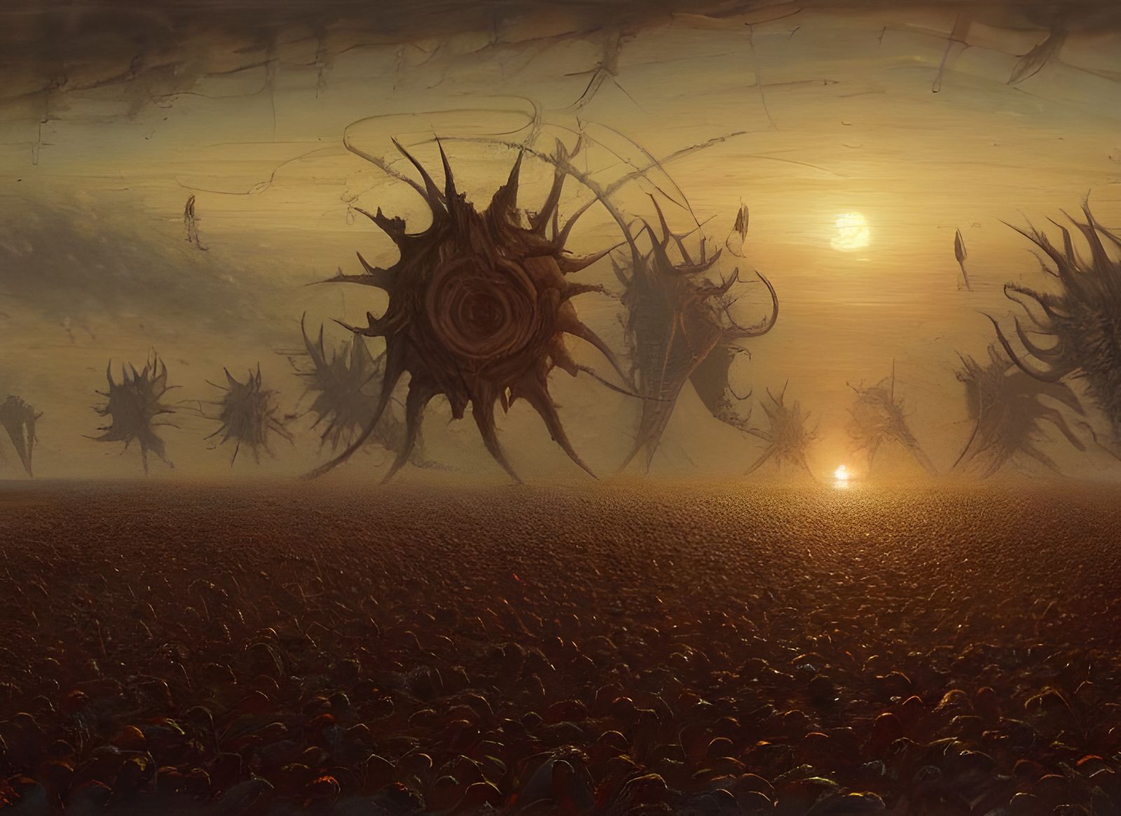 Alien Harvesters over Cornfields: A Horror Art Piece