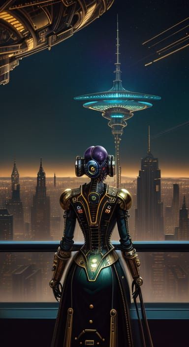 Alien Cityscape in Steampunk Sci-Fi Style