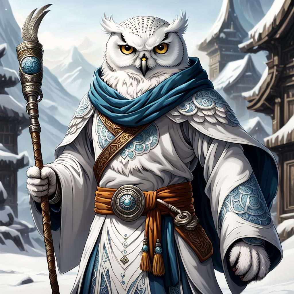 Snowy Owl Warrior Monk in Fantasy Robes
