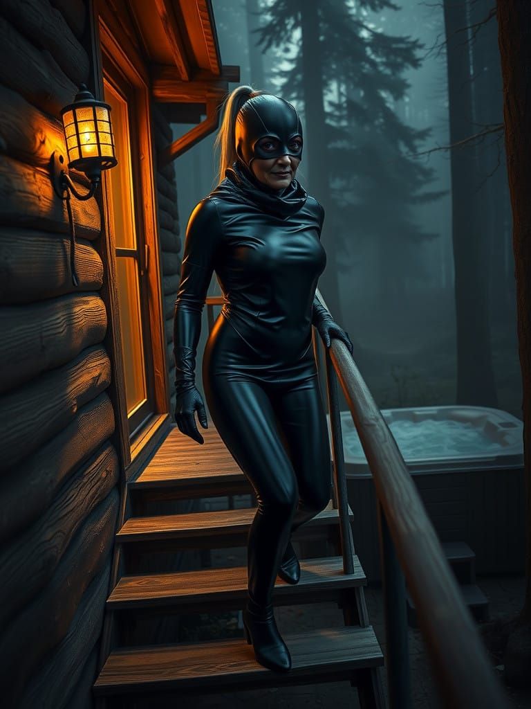 Elderly Woman in High-Gloss Latex Attire Descends Exterior S...