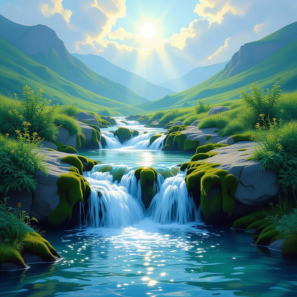 Mystical River Spring with Luminous God Rays