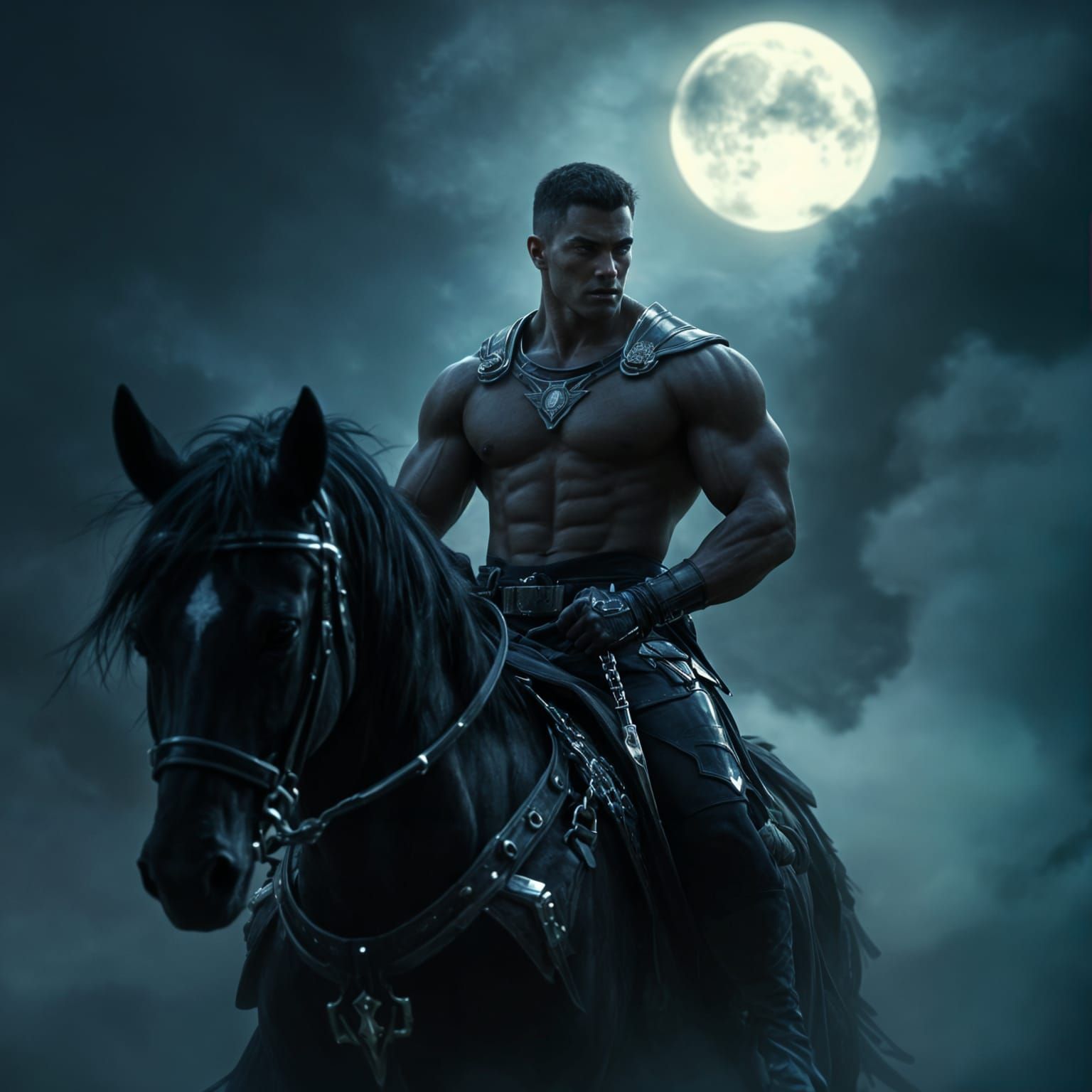 Futuristic Warrior on Stallion in Moonlit Landscape