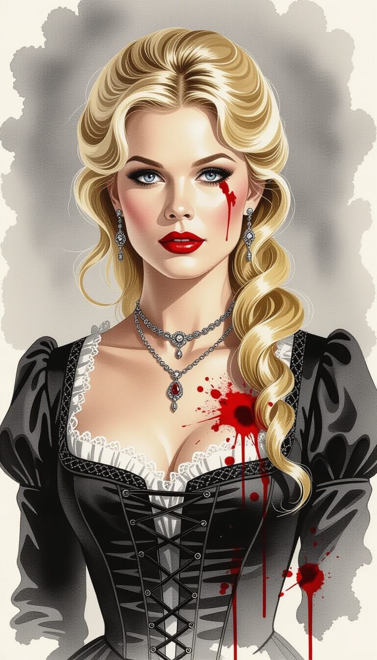 Britt Ekland Portrait in Ink and Watercolor Horror