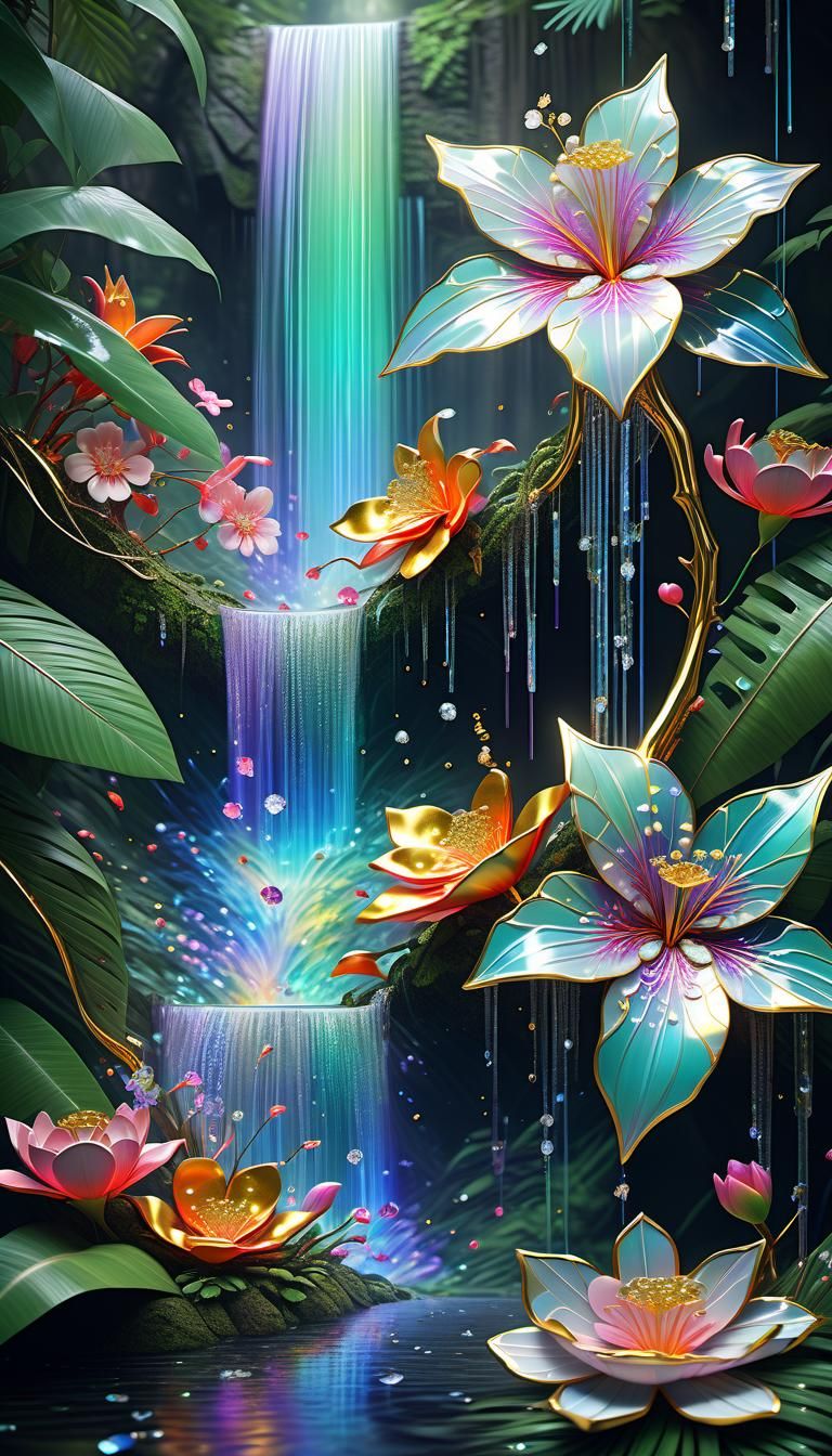 Diamond Kintsugi Waterfall in Tropical Rainforest