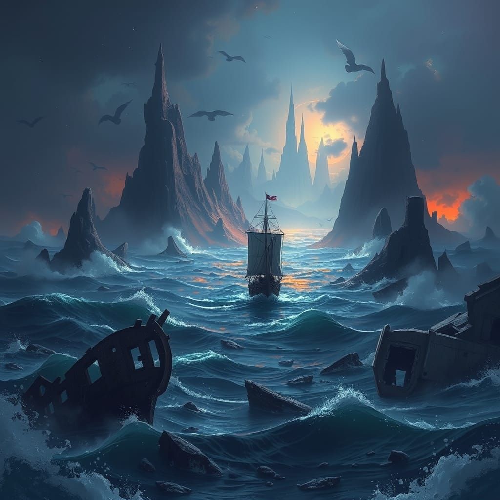 Stormy Seas and Shattered Wrecks in Dark, Moody Style