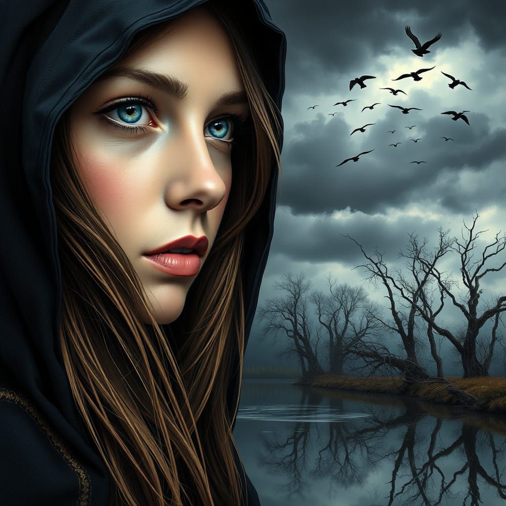 Enigmatic Woman in Stormy Landscape