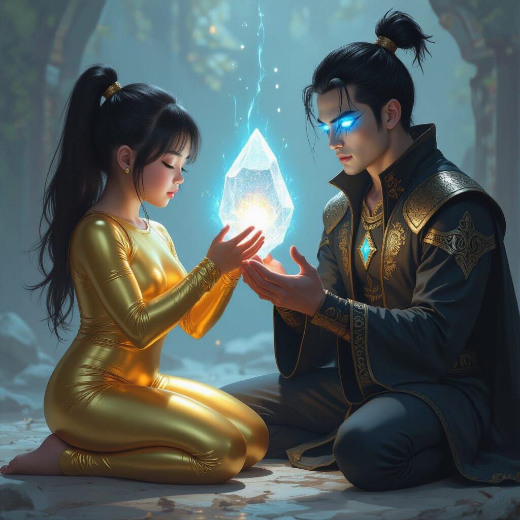 Girl Hypnotized by Master with Crystal, Mystical Realism