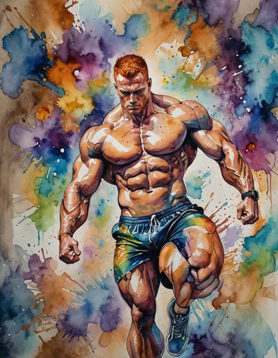 Ginger Bodybuilder in Alcohol Ink Style Watercolor Painting