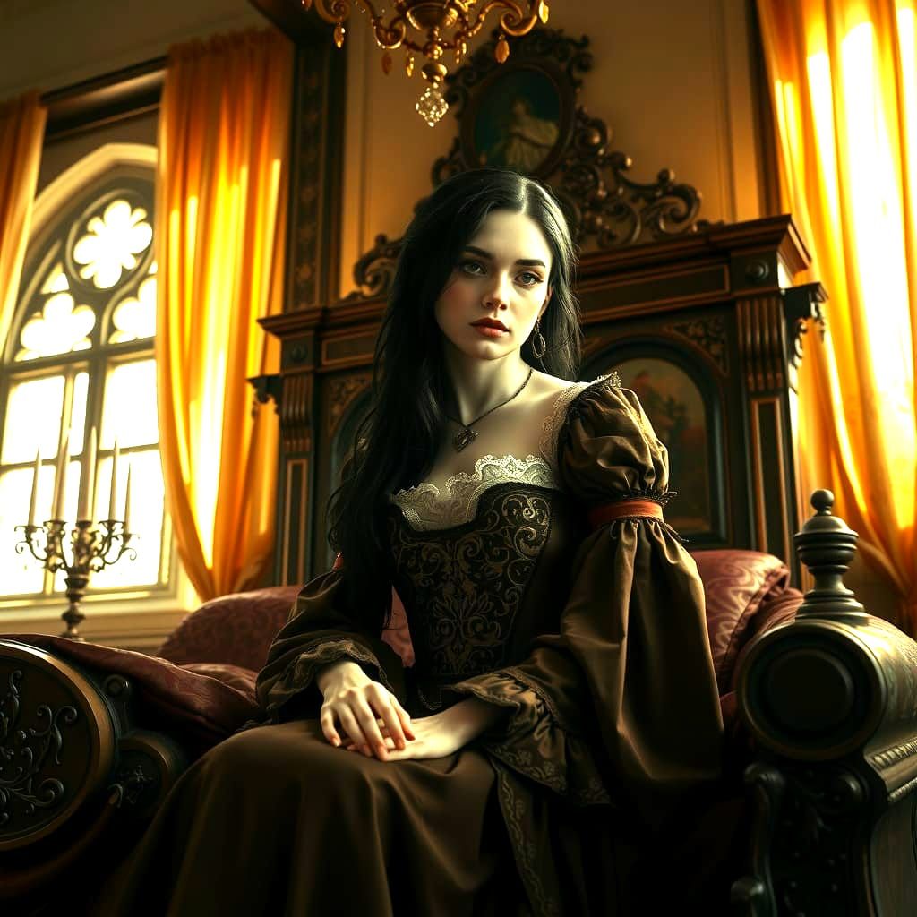 Vampiric Woman in Gothic Bedroom, Olivier Ledroit Style