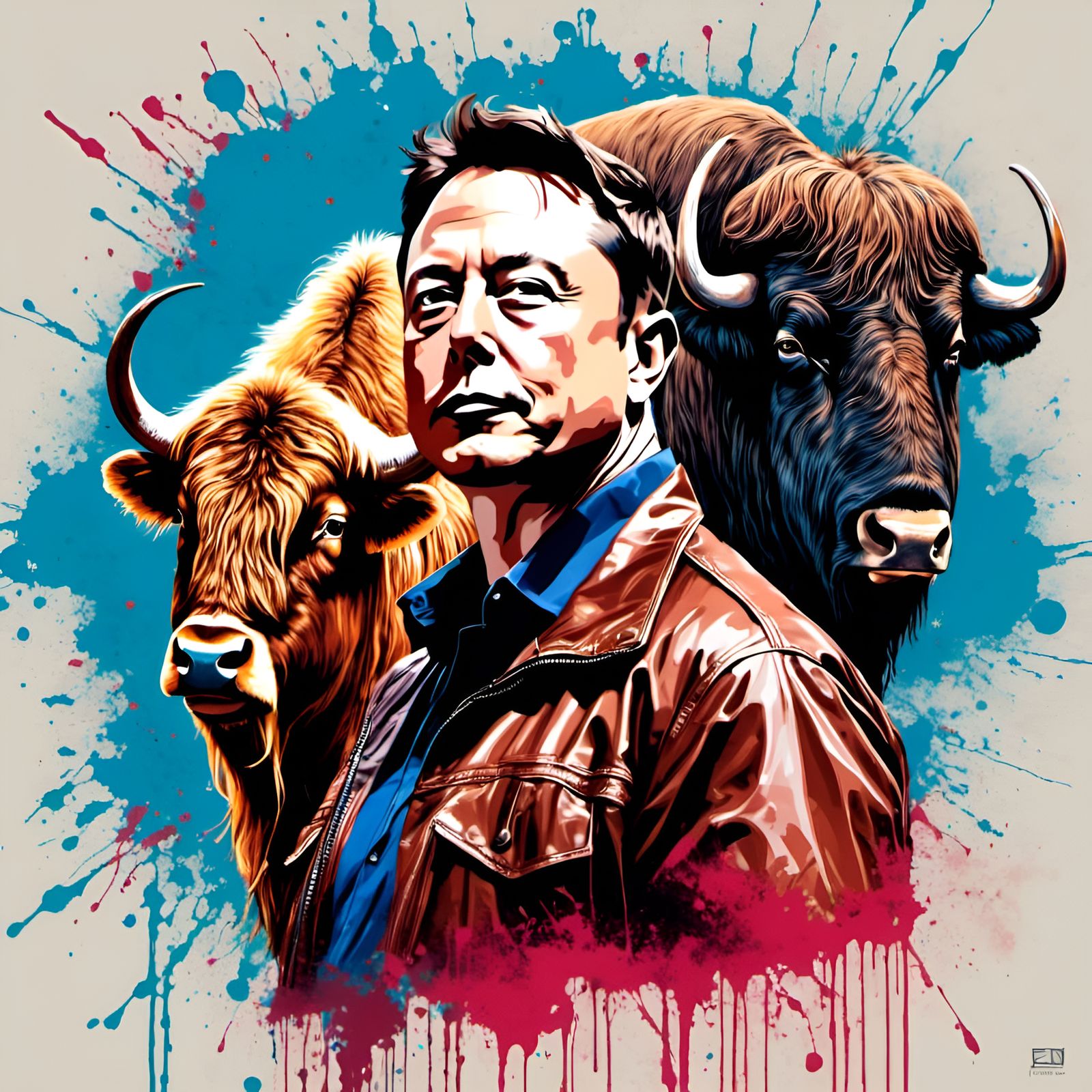 Elon Musk and Musk Ox Portrait in Graffiti Style