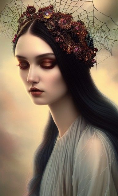Sultry Priestess with Spiderweb Crown in Gothic Style