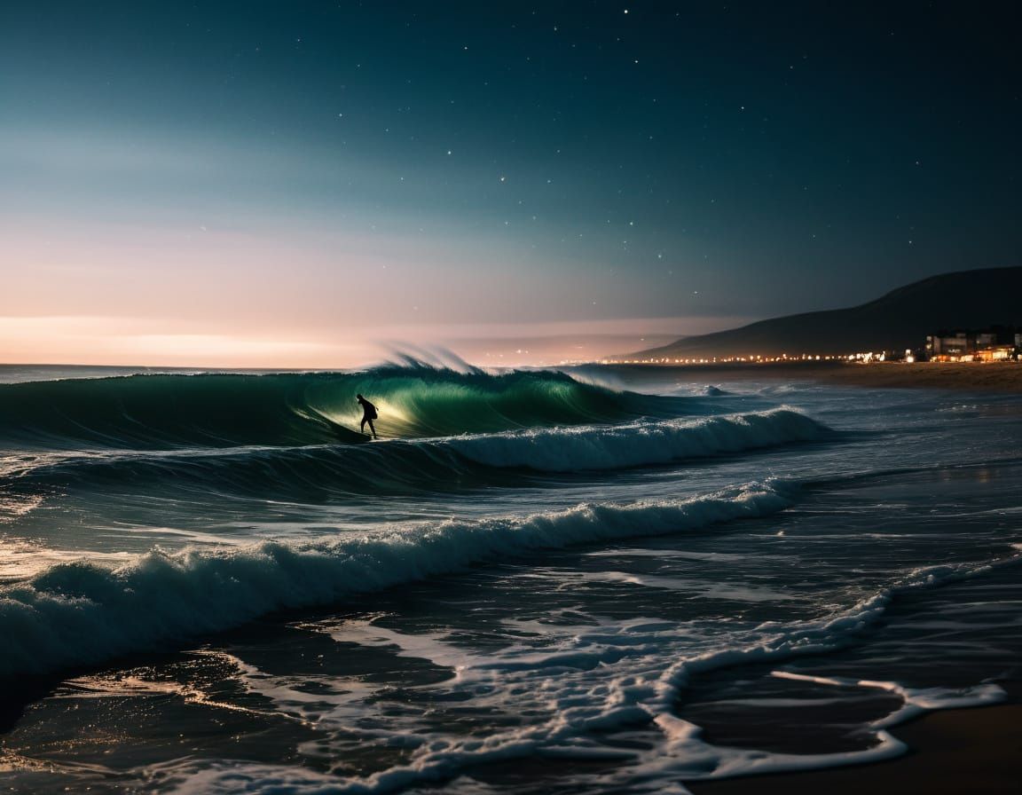 Night Surfer on Massive Wave in Summer