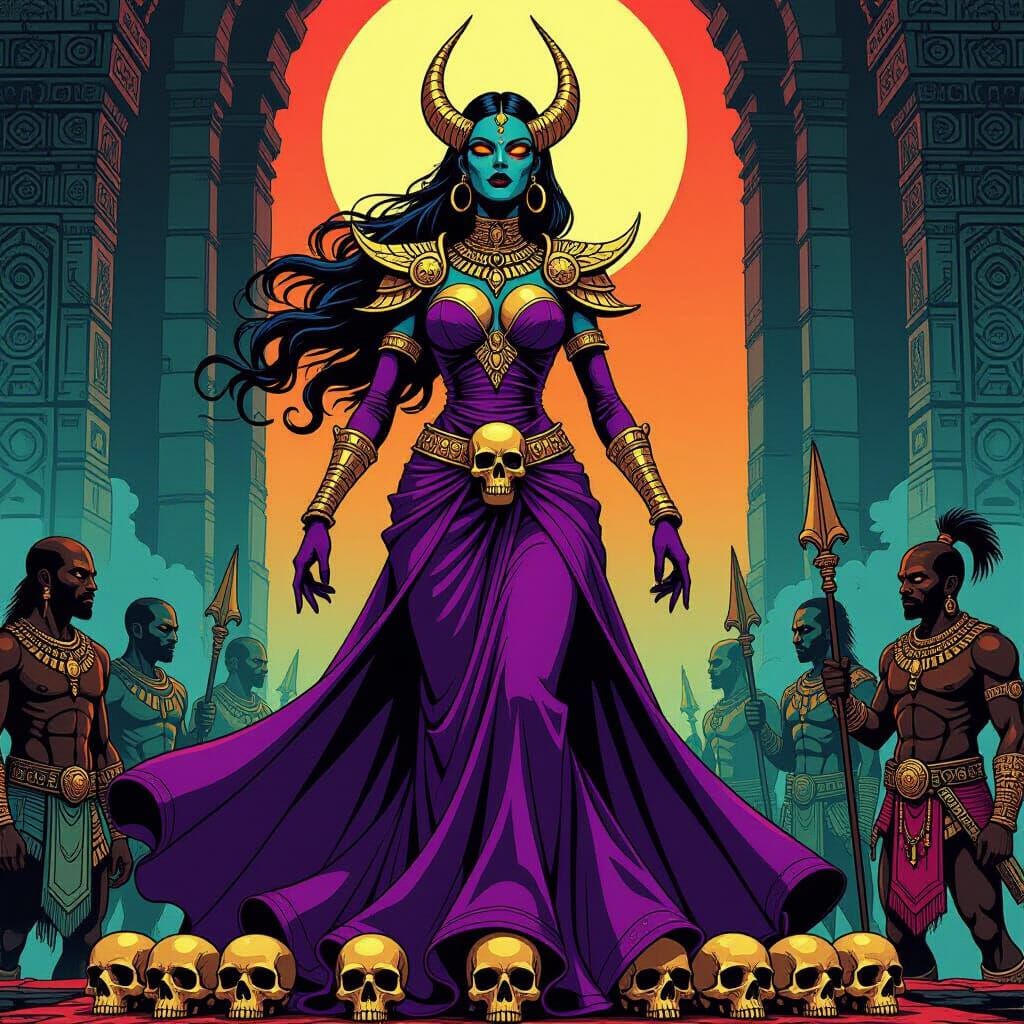 Alien Goddess with Warriors in Retro-Futuristic Comic Style